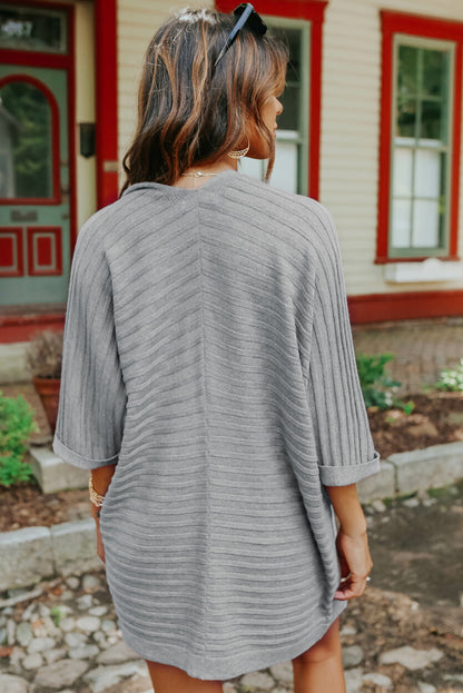 Gray Ribbed Open Front Knit Cardigan