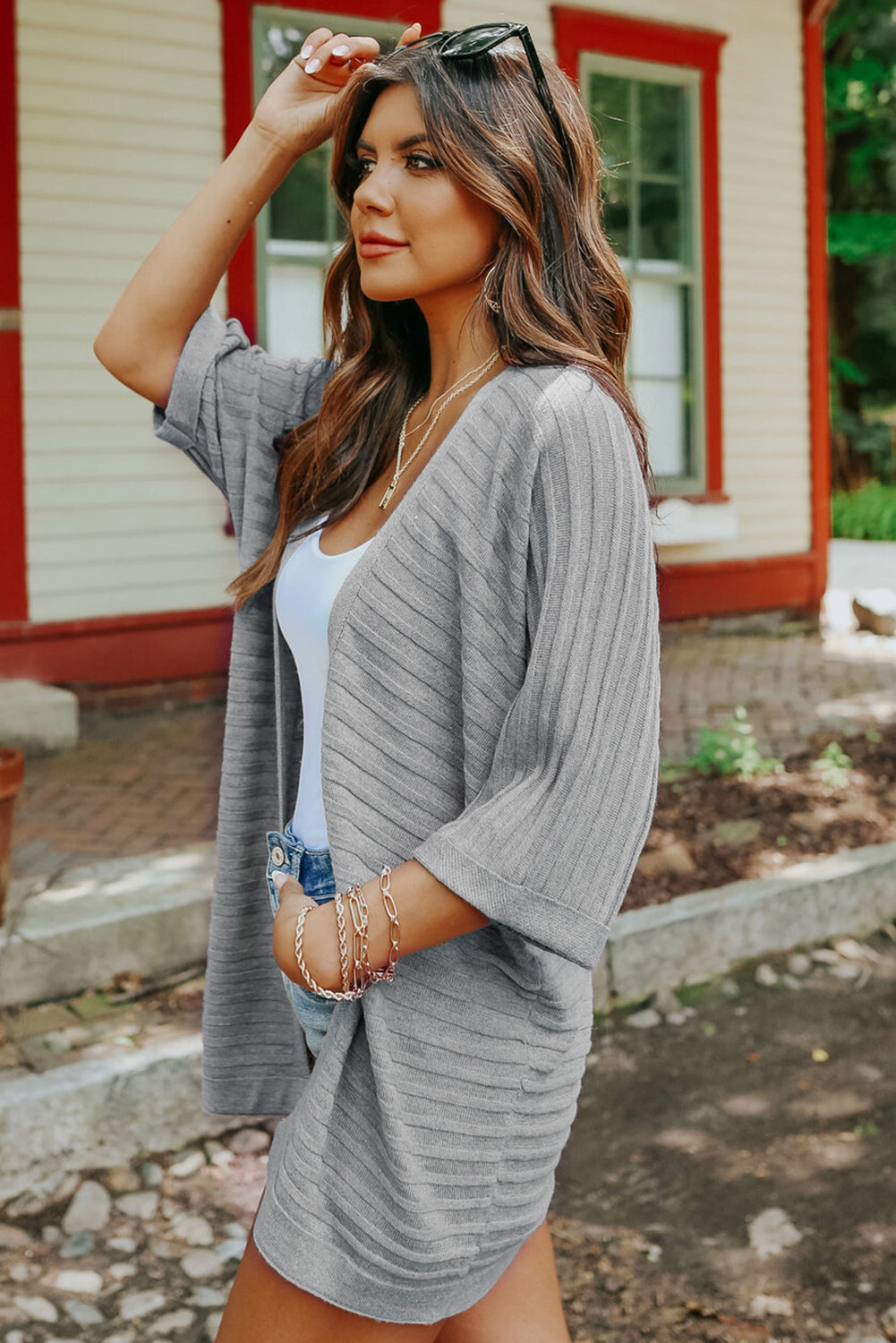 Gray Ribbed Open Front Knit Cardigan