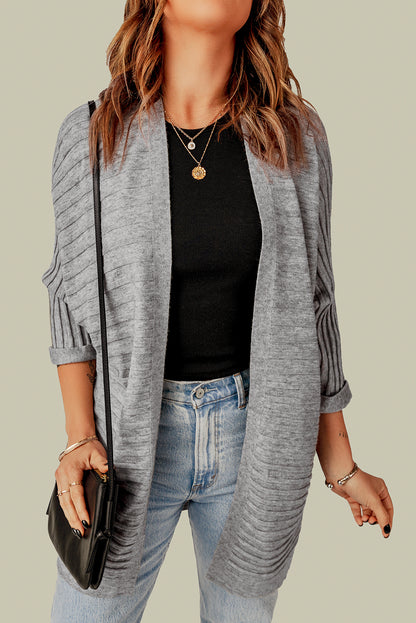 Gray Ribbed Open Front Knit Cardigan