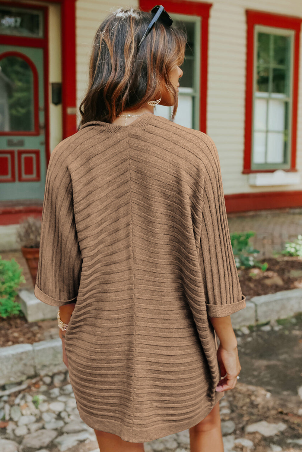 Brown Ribbed Open Front Knit Cardigan