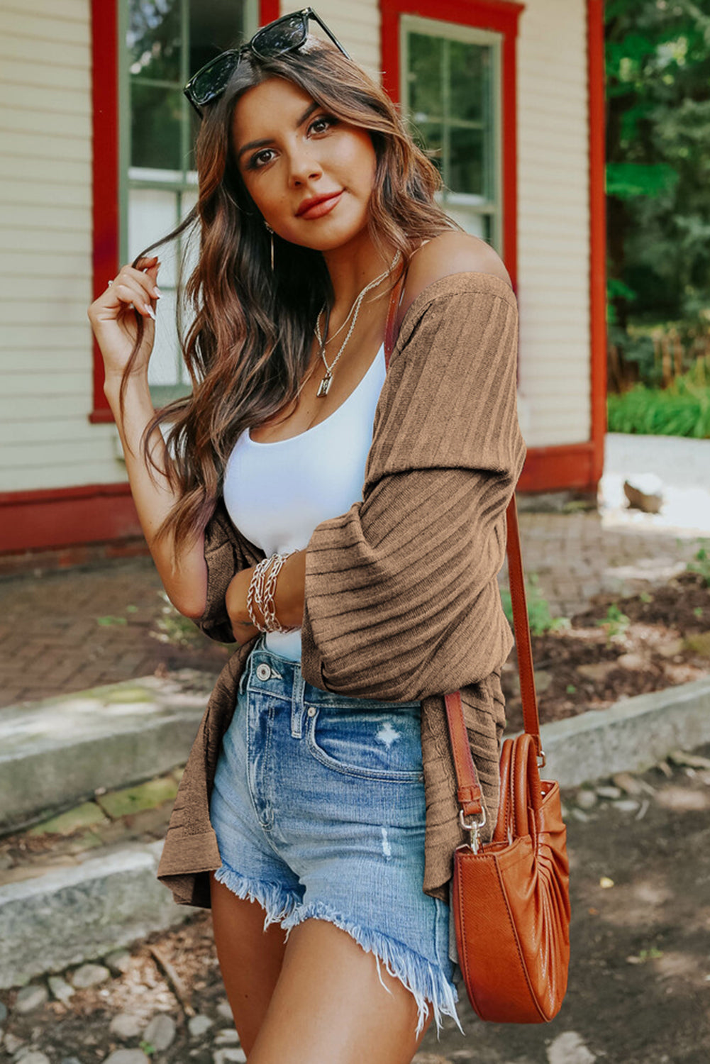 Brown Ribbed Open Front Knit Cardigan