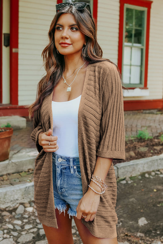 Brown Ribbed Open Front Knit Cardigan