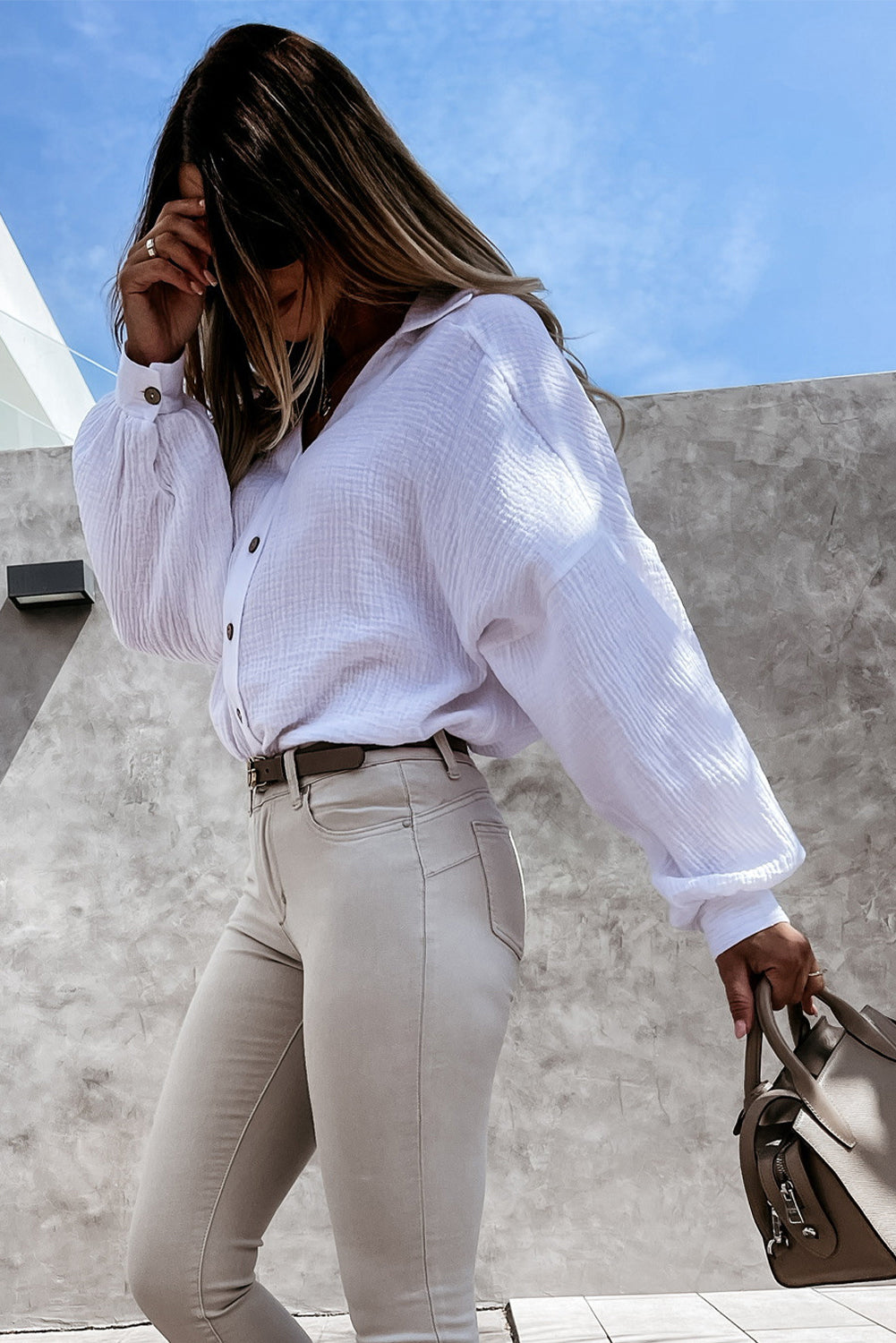 White Turn-down Collar V Neck Crinkled Cuffed Shirt