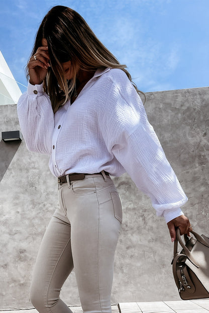 White Turn-down Collar V Neck Crinkled Cuffed Shirt