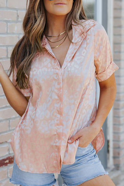 Pink Leopard Print Short Sleeve Satin Blouse