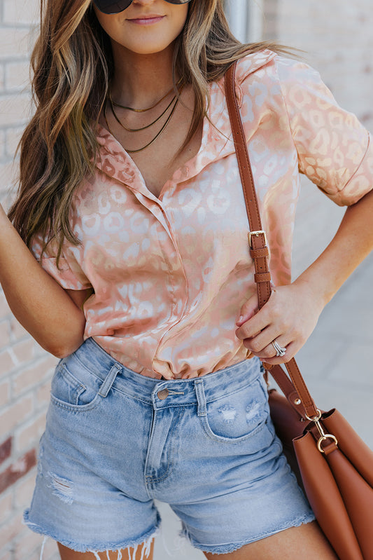 Pink Leopard Print Short Sleeve Satin Blouse