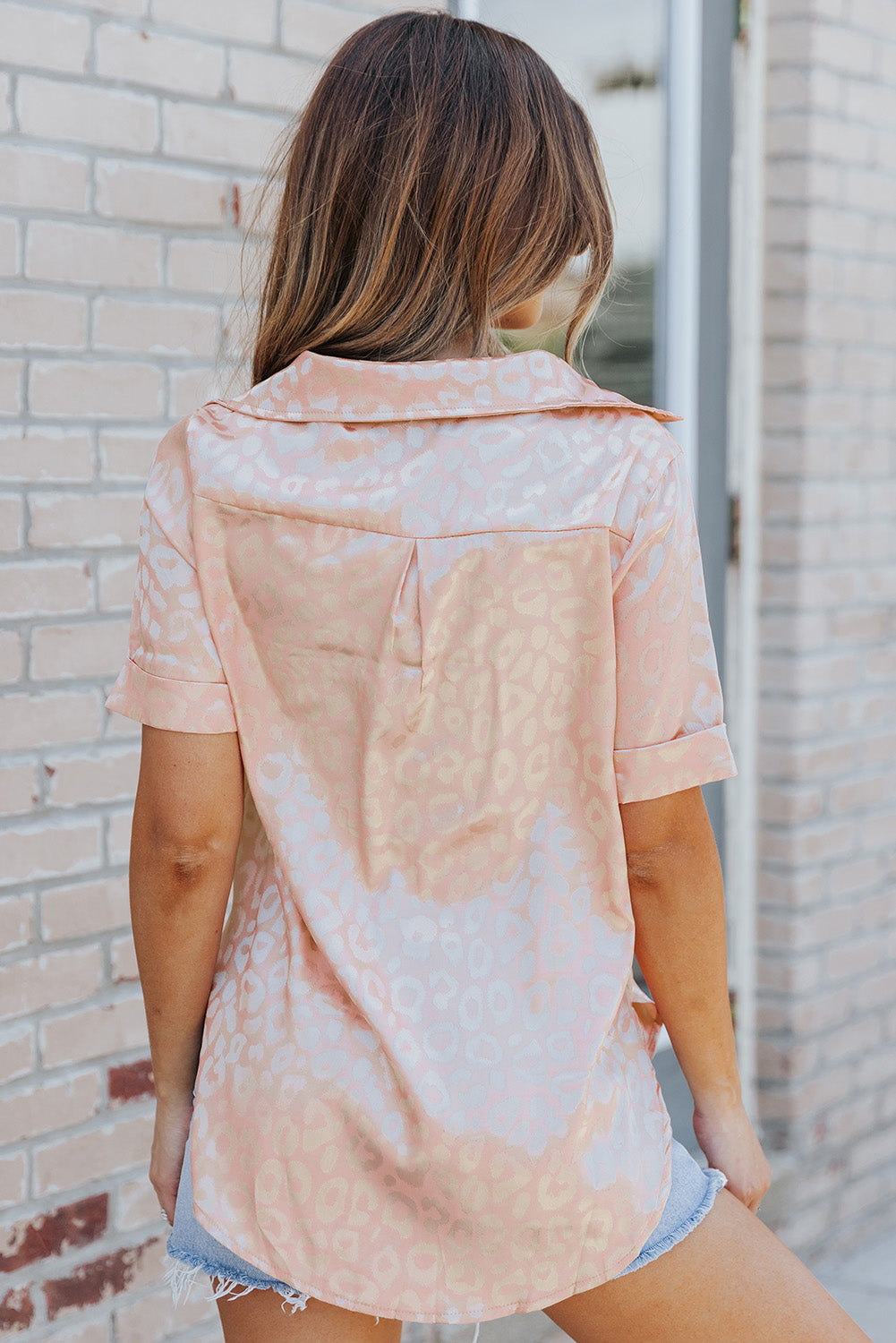 Pink Leopard Print Short Sleeve Satin Blouse