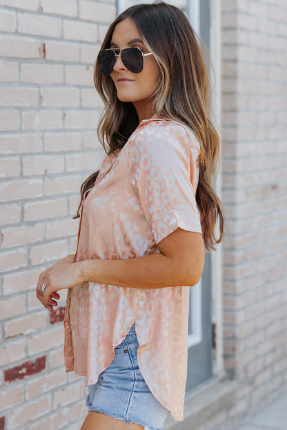 Pink Leopard Print Short Sleeve Satin Blouse