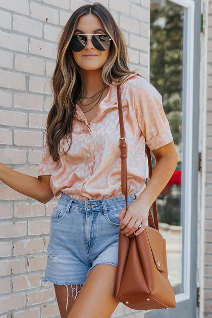 Pink Leopard Print Short Sleeve Satin Blouse