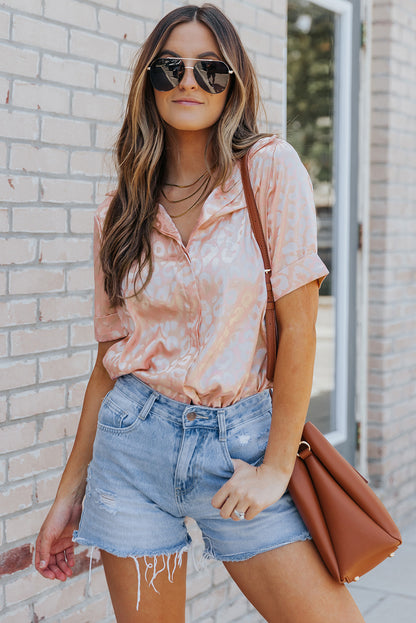 Pink Leopard Print Short Sleeve Satin Blouse