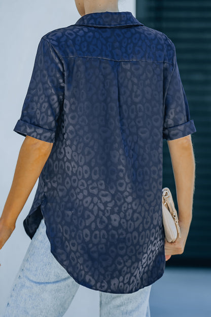 Blue Leopard Print Short Sleeve Satin Blouse