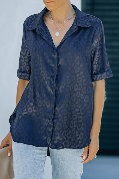 Blue Leopard Print Short Sleeve Satin Blouse