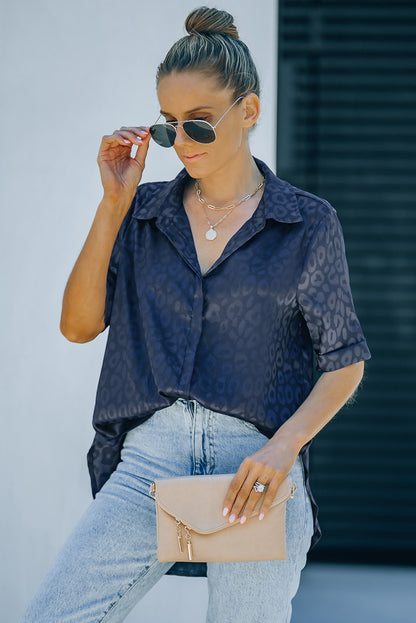 Blue Leopard Print Short Sleeve Satin Blouse