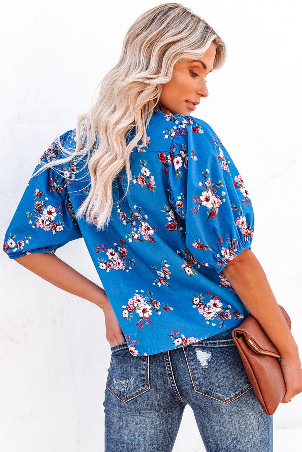 Floral Button Up Split Neck Blouse