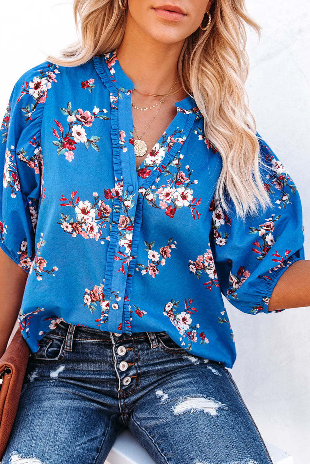 Floral Button Up Split Neck Blouse