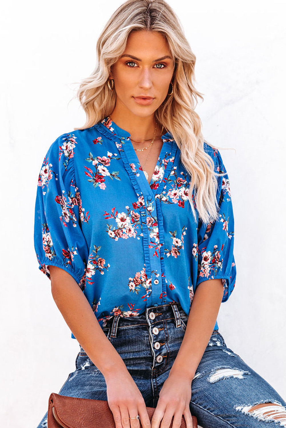 Floral Button Up Split Neck Blouse