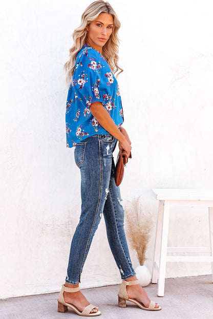 Floral Button Up Split Neck Blouse