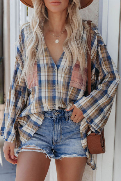 Multi Color Plaid Raw Edge Casual Shirt