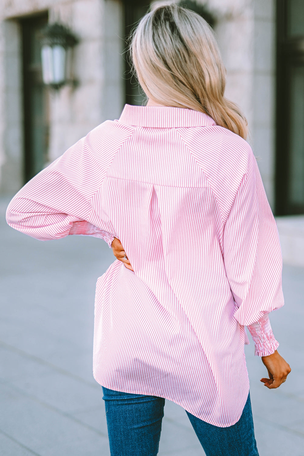 Pink Smocked Cuffed Striped Boyfriend Shirt with Pocket