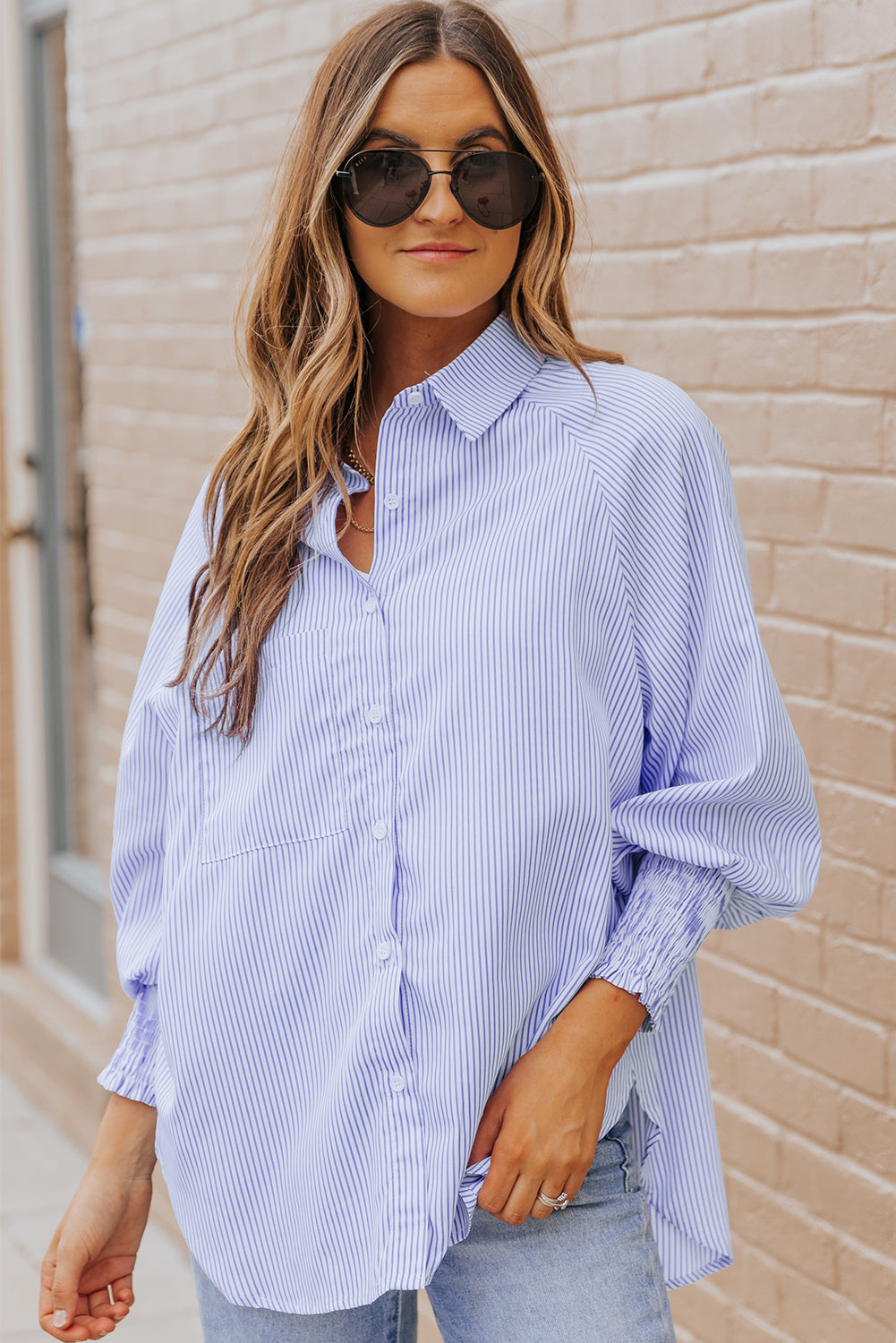 Blue Smocked Cuffed Striped Boyfriend Shirt with Pocket