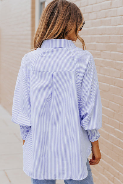 Blue Smocked Cuffed Striped Boyfriend Shirt with Pocket