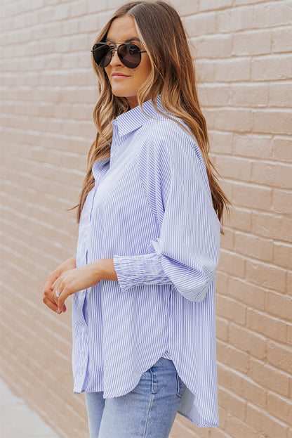 Blue Smocked Cuffed Striped Boyfriend Shirt with Pocket