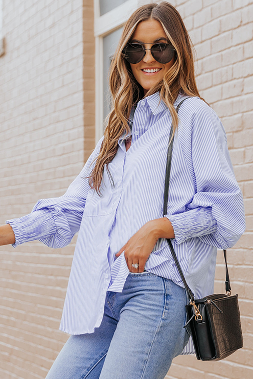 Blue Smocked Cuffed Striped Boyfriend Shirt with Pocket