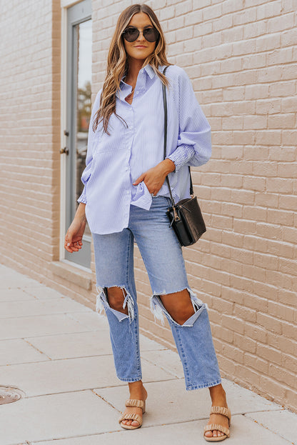 Blue Smocked Cuffed Striped Boyfriend Shirt with Pocket