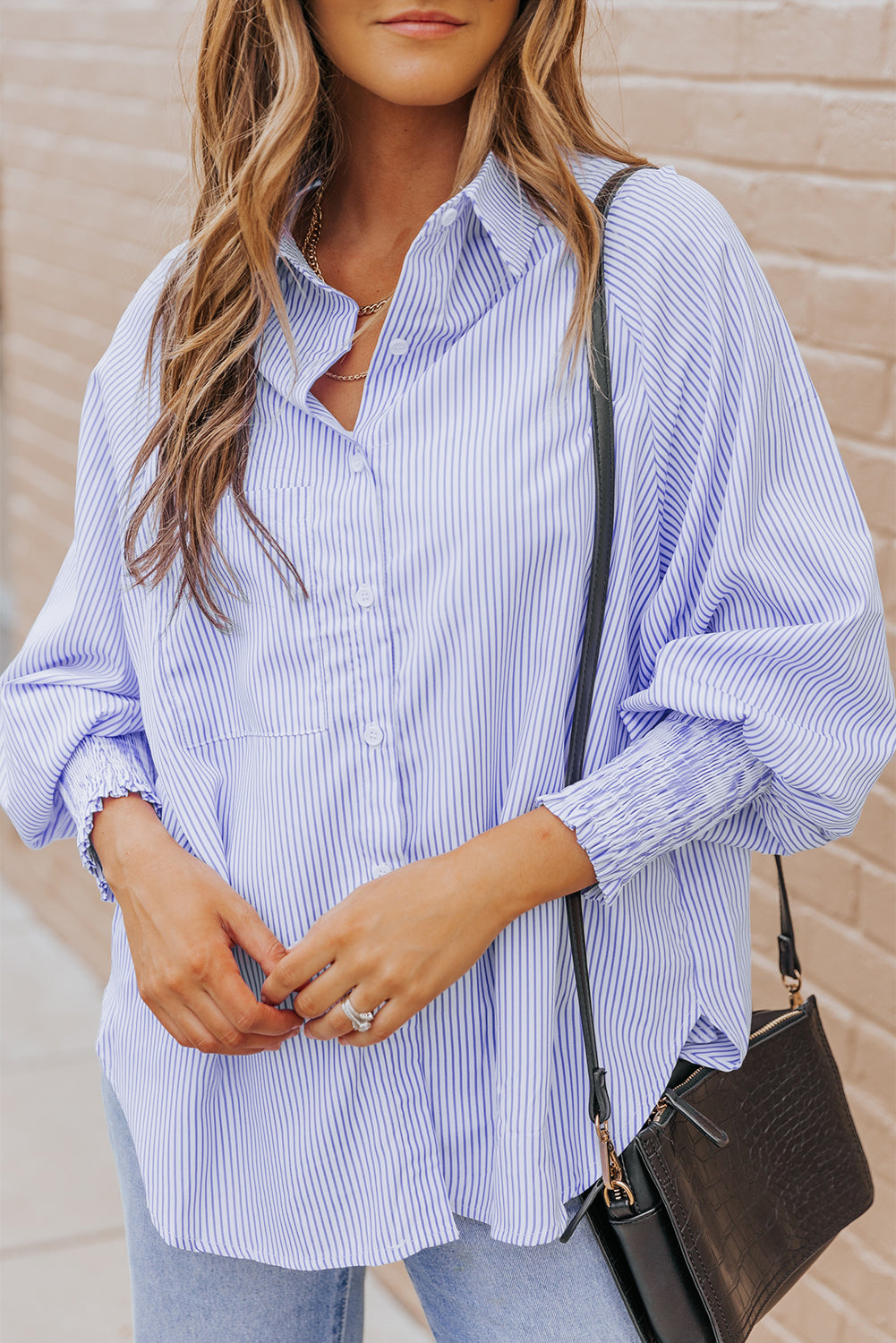 Blue Smocked Cuffed Striped Boyfriend Shirt with Pocket