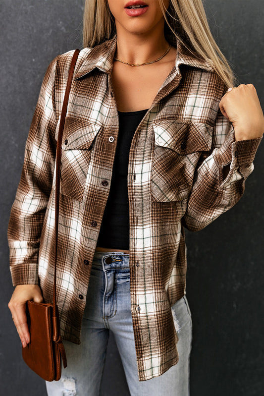 Brown Plaid Print Chest Pockets Buttoned Shirt