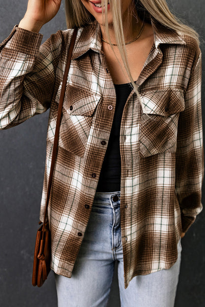 Brown Plaid Print Chest Pockets Buttoned Shirt