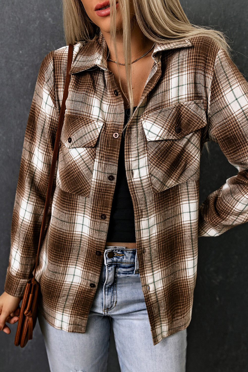 Brown Plaid Print Chest Pockets Buttoned Shirt