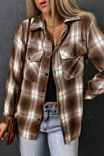 Brown Plaid Print Chest Pockets Buttoned Shirt