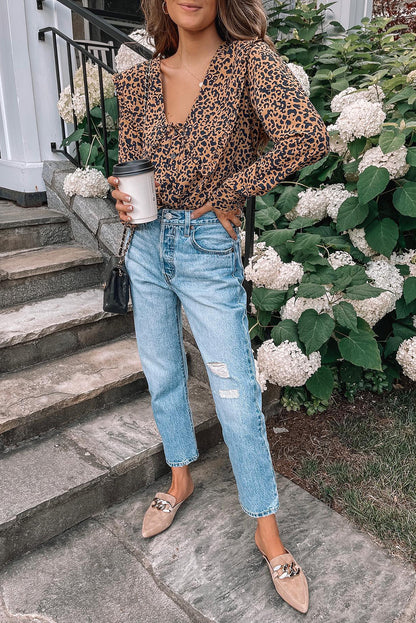 Leopard Buttoned Up Long Sleeve Blouse