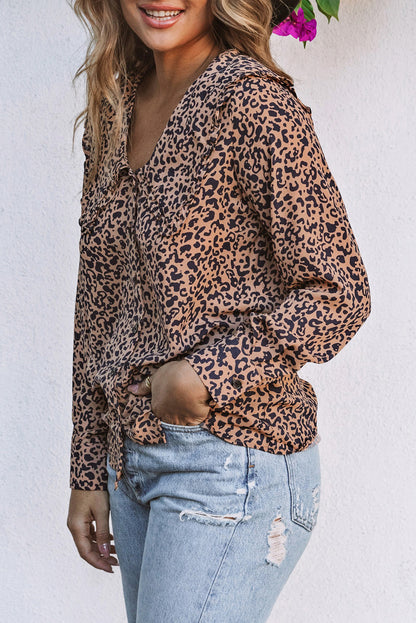 Leopard Buttoned Up Long Sleeve Blouse