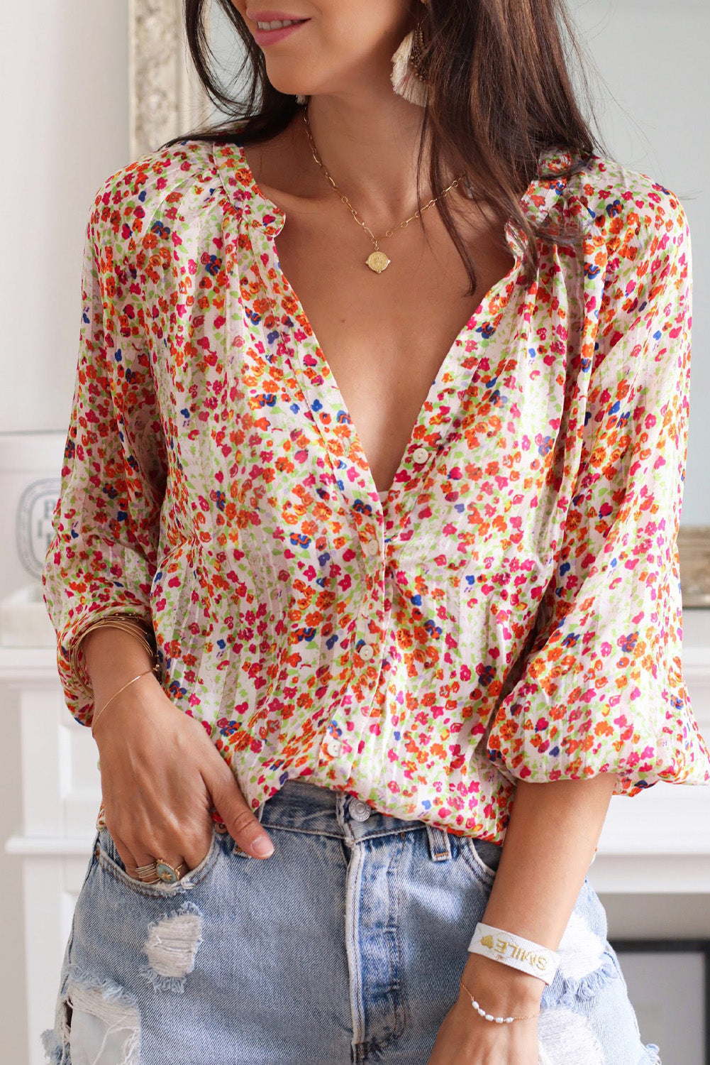 Boho Floral Print Button Front Shirt