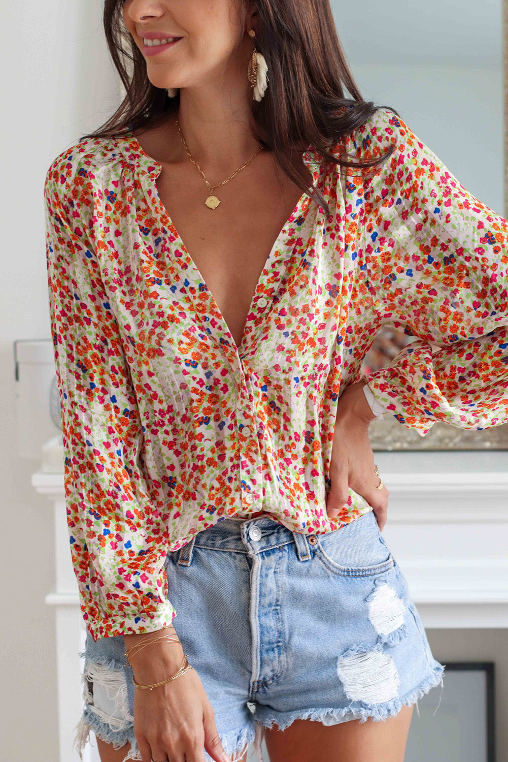 Boho Floral Print Button Front Shirt