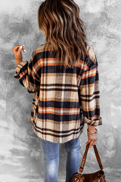 Geometric Plaid Print Pocketed Shacket