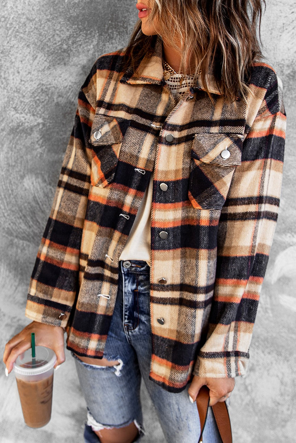 Geometric Plaid Print Pocketed Shacket