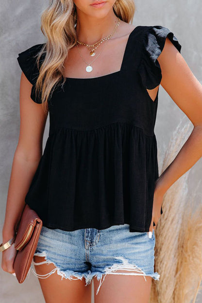 Black Flutter Shoulder Babydoll Top