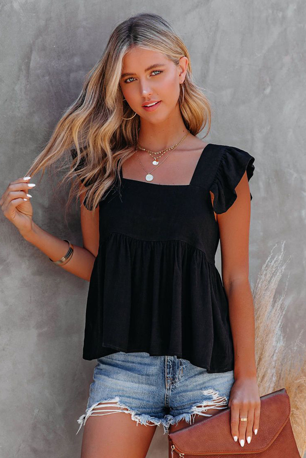 Black Flutter Shoulder Babydoll Top