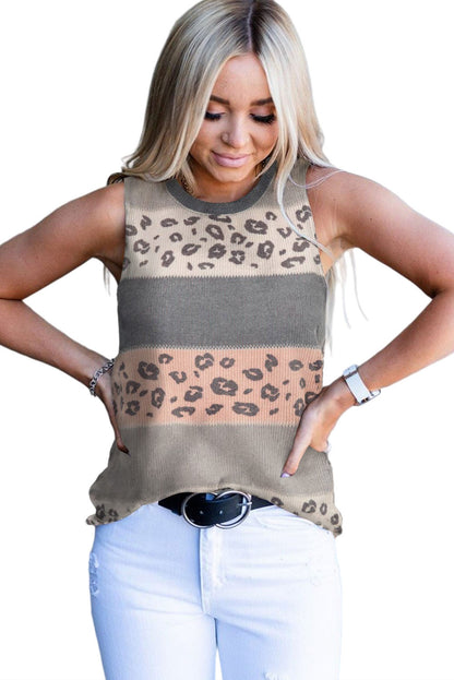 Leopard Print Colorblock Round Neck Tank Top