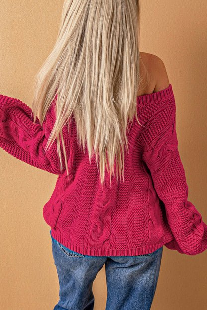 Rose Bubblegum V-Neck Braided Knit Sweater