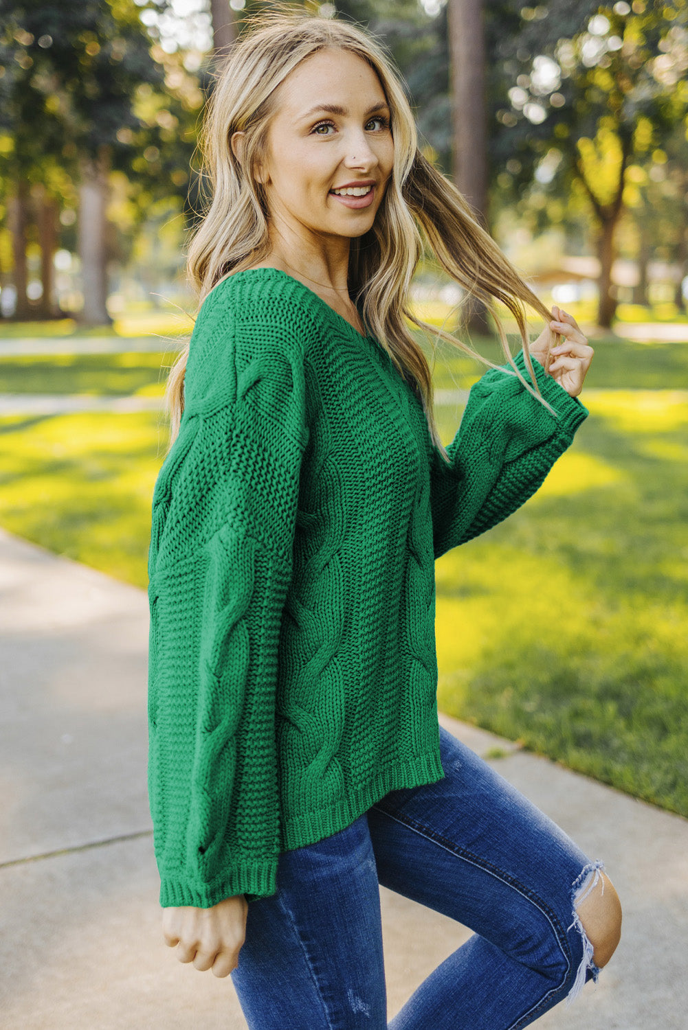 Green Bubblegum V-Neck Braided Knit Sweater