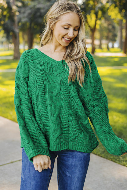 Green Bubblegum V-Neck Braided Knit Sweater