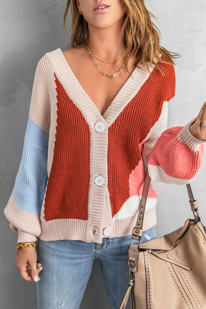 Color Block Button V Neck Sweater Cardigan