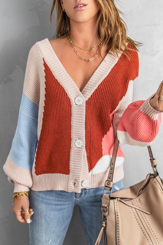 Color Block Button V Neck Sweater Cardigan