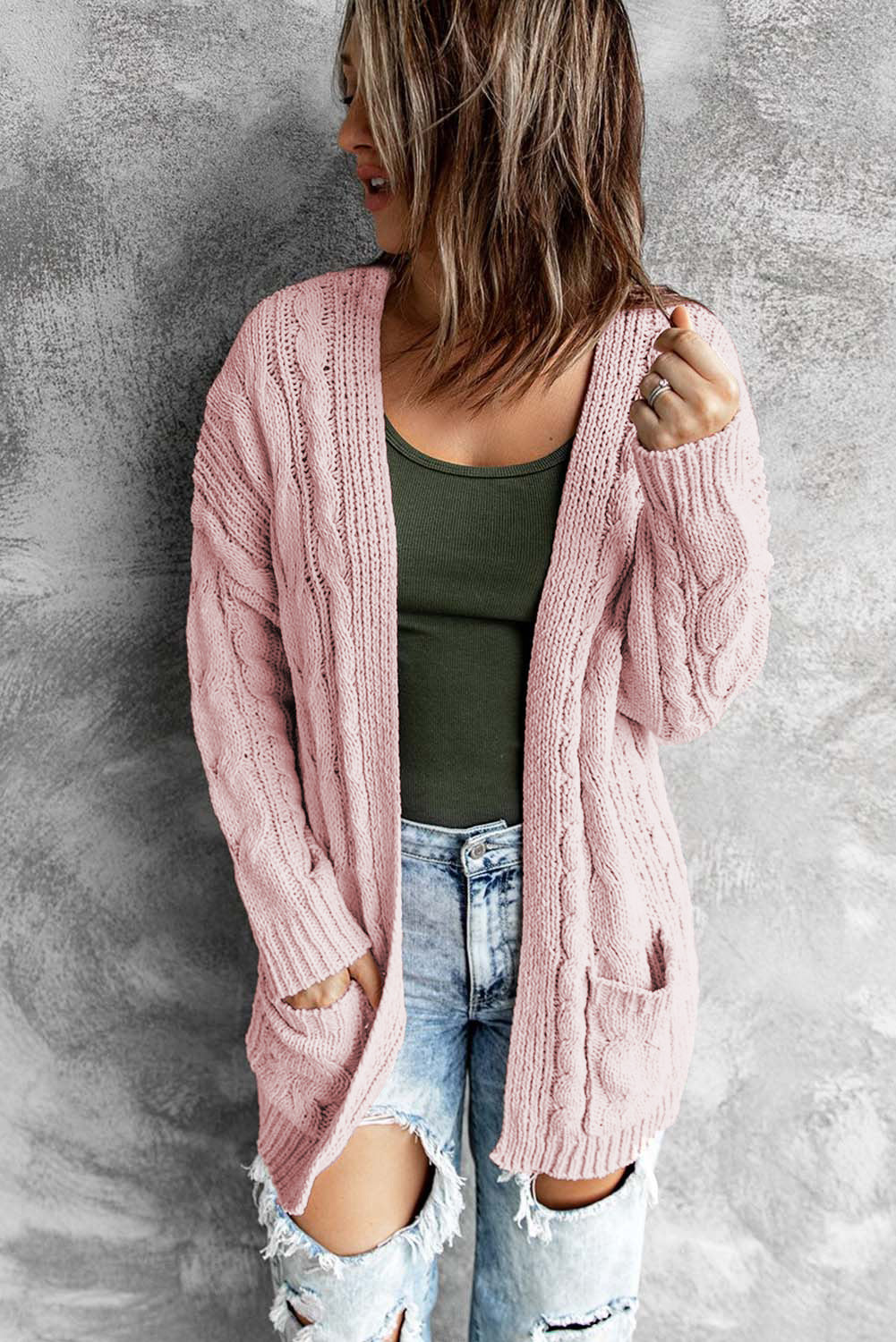 Pink Knitted Cardigan with Pockets