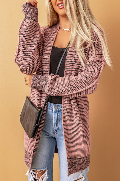 Pink Plaid Knitted Long Open Front Cardigan