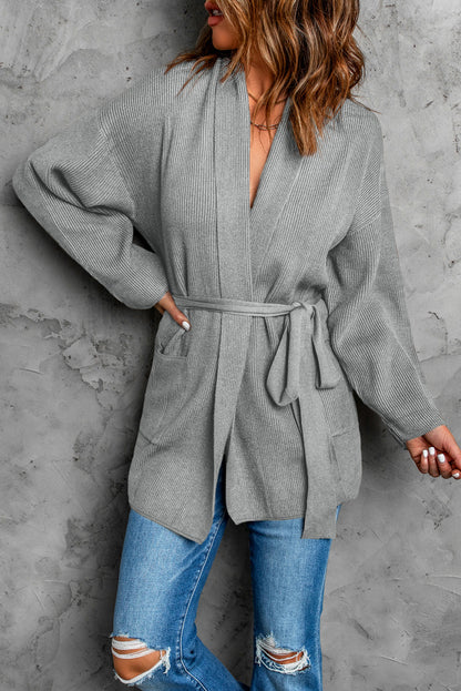 Gray Ribbed Pocketed Open Front Cardigan